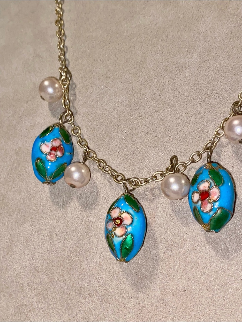 Unique Vintage Cloisonné and Pearl Necklace